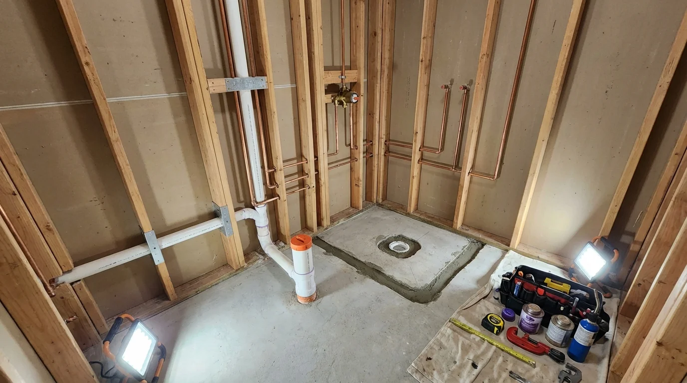 Bathroom rough-in plumbing during remodel by Johns Plumbing LLC in Chappell