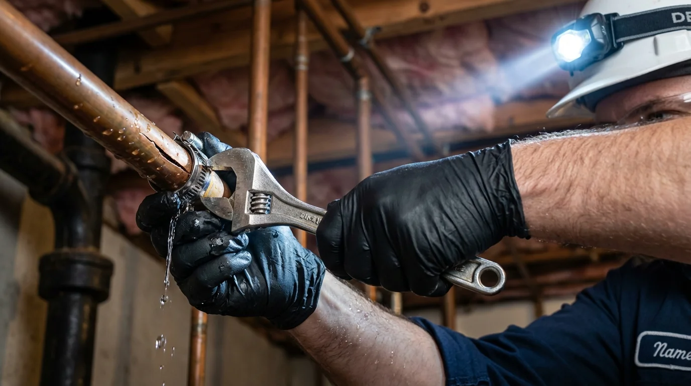 Emergency pipe clamp repair being performed by a Johns Plumbing LLC plumber in Chappell