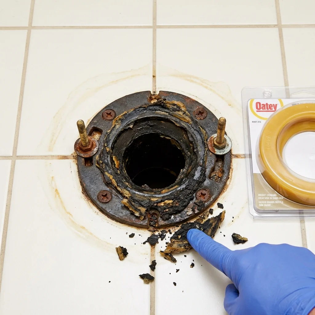Failed wax ring showing water seepage at the base of a toilet in a Chappell, NE home