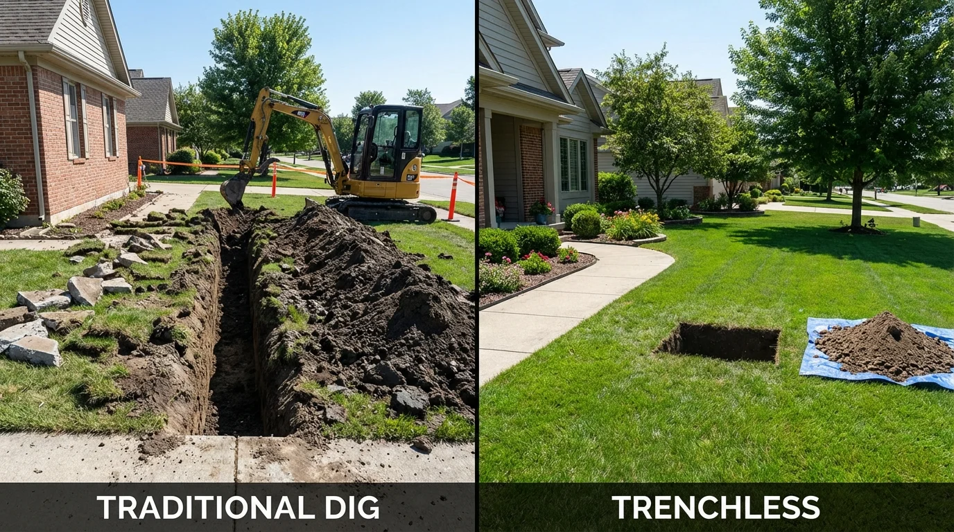 Trenchless sewer repair with minimal yard damage versus traditional excavation in Chappell, NE
