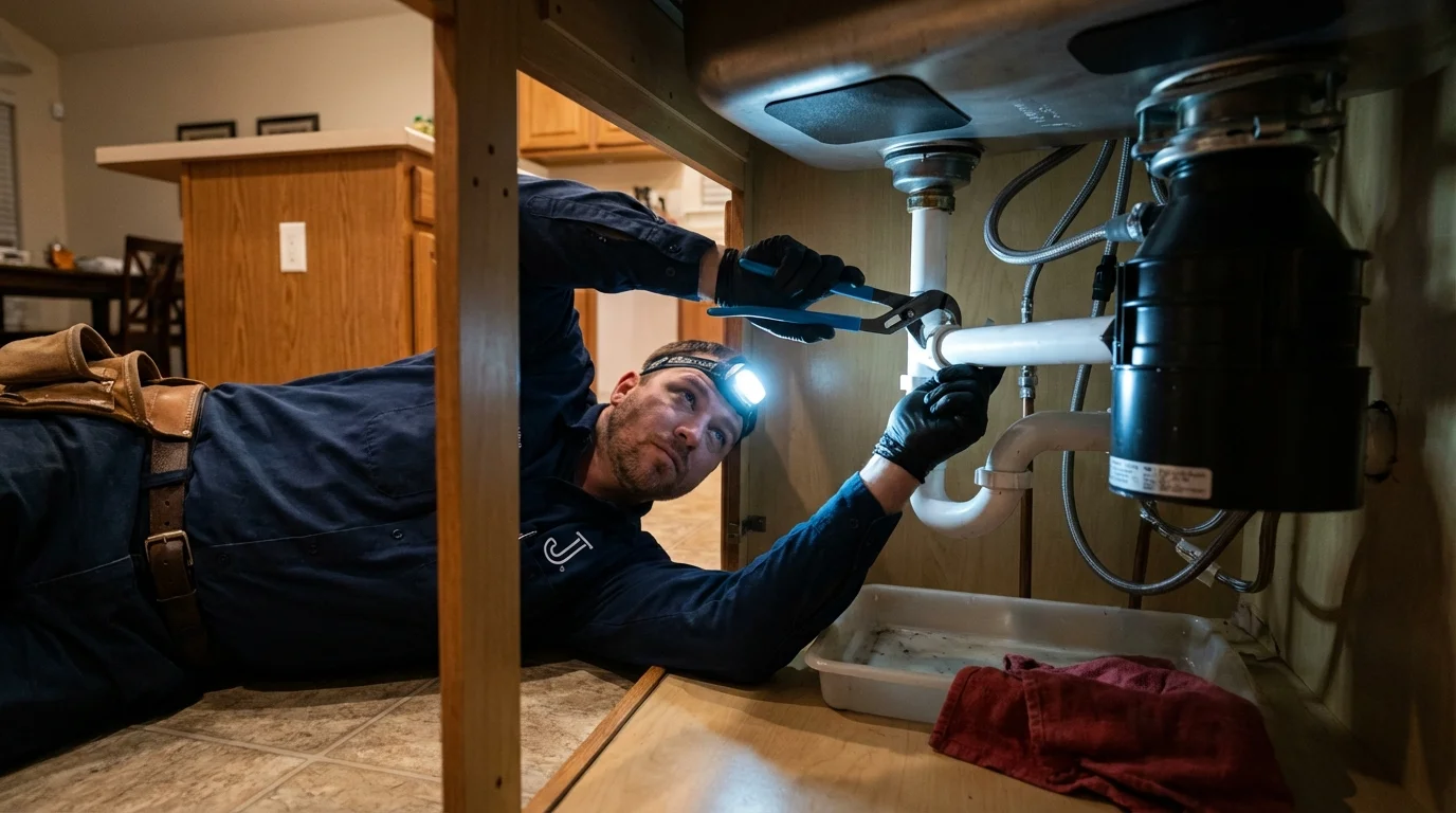 P-trap and supply line connections under a kitchen sink showing a common leak point in Chappell, NE